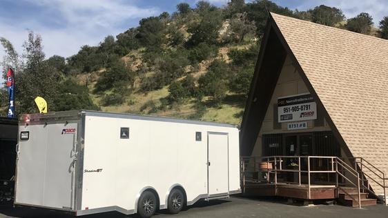 Pace American enclosed cargo trailer in front of Norco Trailers' Escondido office