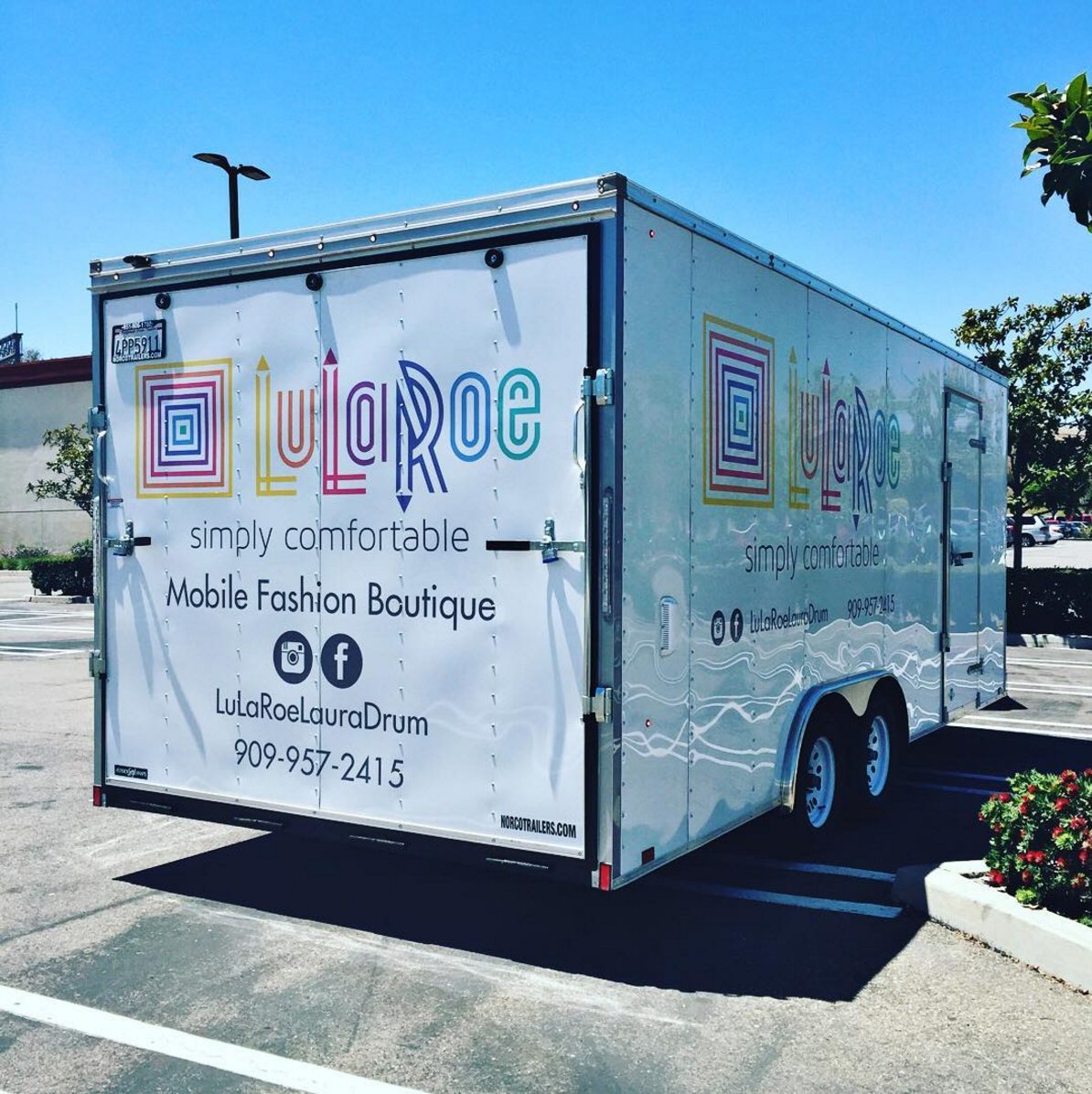 LuLaRoe custom wrapped enclosed cargo trailer